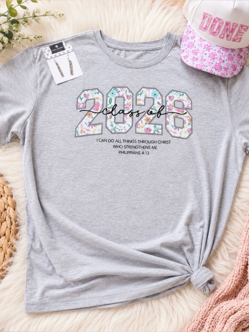 NWT Class of 2026 bundle includes gray short sleeve Tshirt, hat and earrings